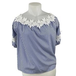 NEW Good Times Blue White Striped Floral Short Puff Sleeve Blouse Top Sz 1X/2X